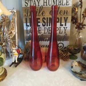 2 Tall Red Glass Bottles Bud Vases 17"